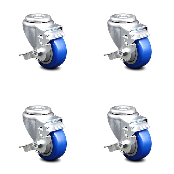 3 Inch Blue Polyurethane Wheel Swivel Bolt Hole Caster Set with Brake SCC